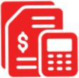 Red icon with documents and calculator symbolizing finance.
