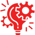 Red light bulb with gears symbolizing innovation and technology.